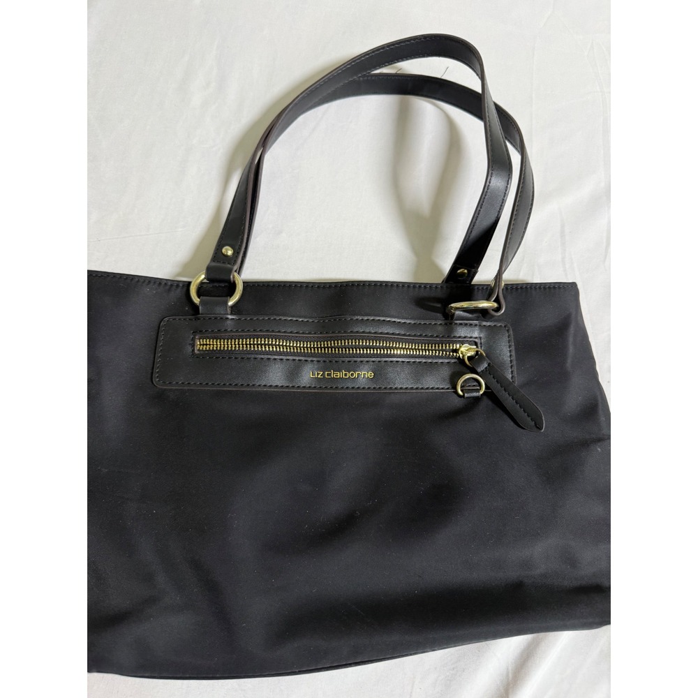 Liz Claiborne Black Nylon Tote Bag Faux Leather Trim Triple Compartment